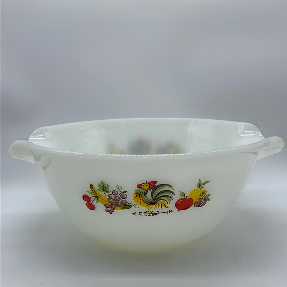 Vintage Anchor Hocking Fire King Ware Rooster Fruit Milk Glass Mixing Bowl